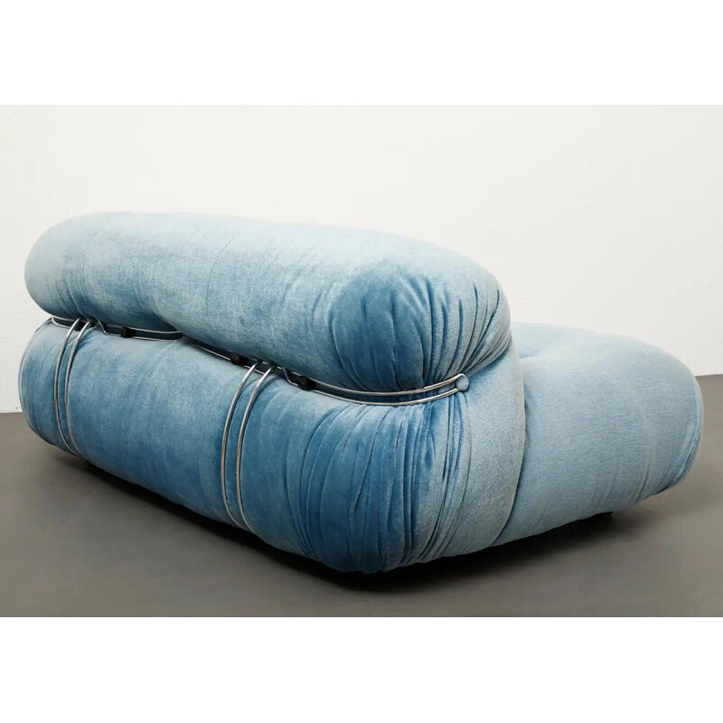 Vintage "Soriana" 3 seater blue velvet sofa by Afra & Tobia Scarpa for Cassina, 1970