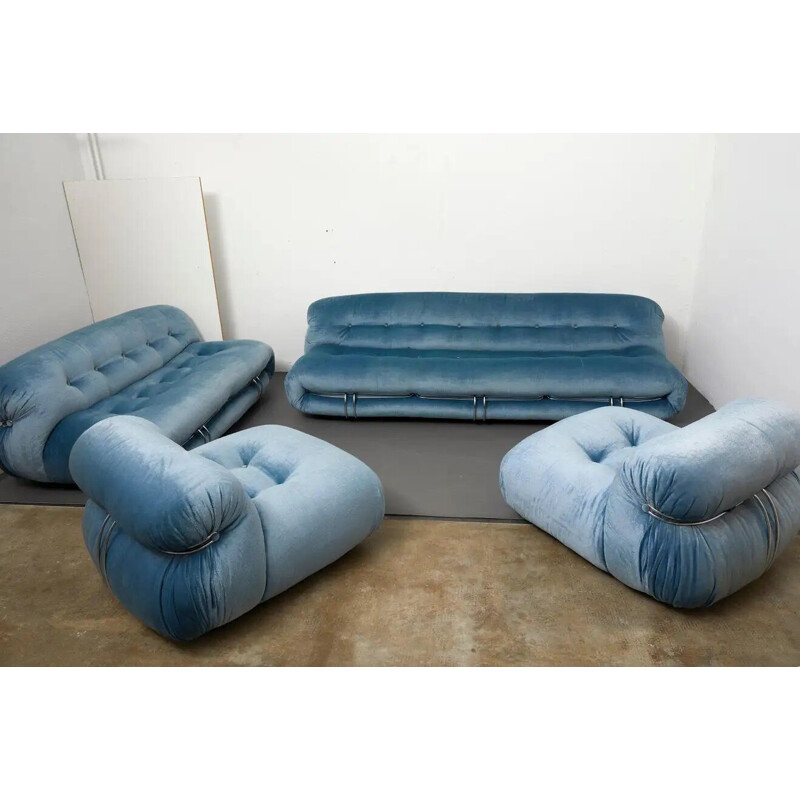 Vintage "Soriana" 3 seater blue velvet sofa by Afra & Tobia Scarpa for Cassina, 1970