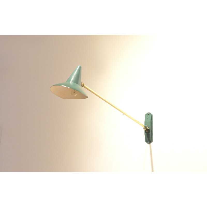 French adjustable wall lamp in green metal and brass - 1950s