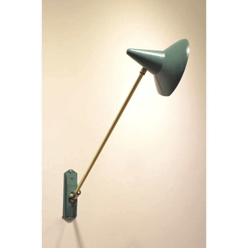 French adjustable wall lamp in green metal and brass - 1950s