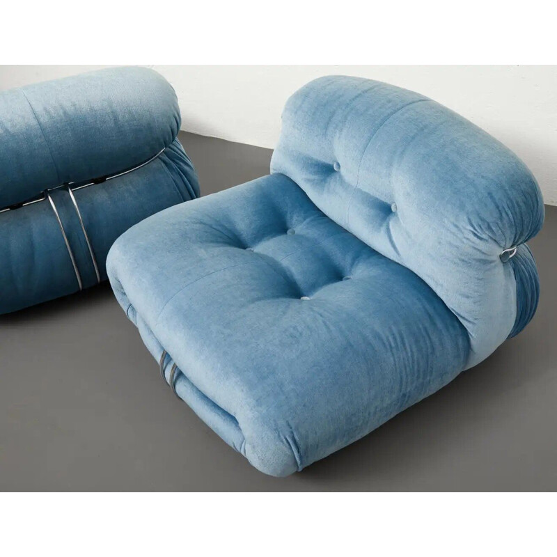 Pair of vintage "Soriana" armchairs in sky blue velvet by Afra & Tobia Scarpa for Cassina, 1970