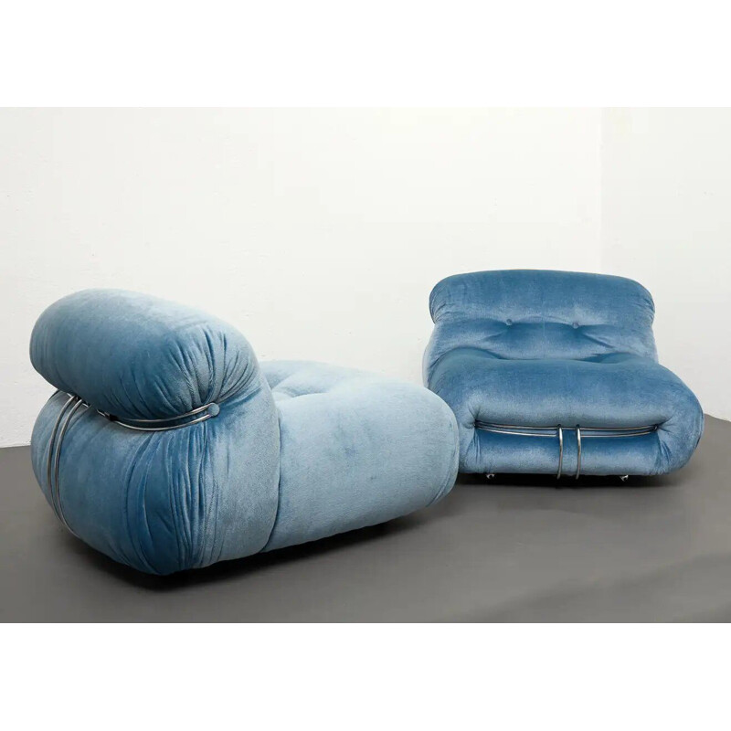 Pair of vintage "Soriana" armchairs in sky blue velvet by Afra & Tobia Scarpa for Cassina, 1970
