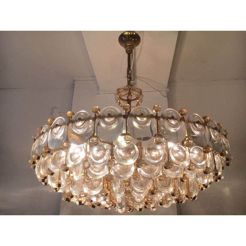 Vintage crystal and brass chandelier by Gaetano Sciolari, 1970