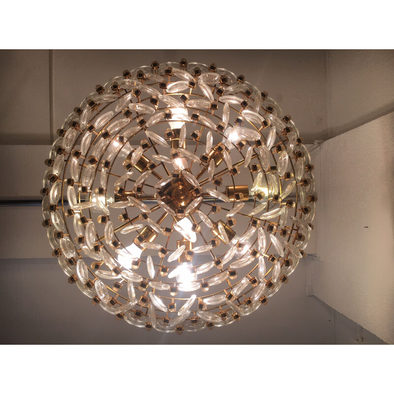 Vintage crystal and brass chandelier by Gaetano Sciolari, 1970