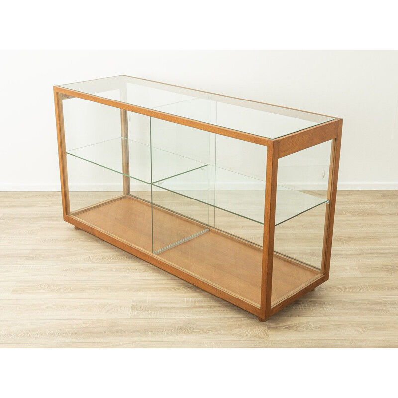 Vintage beechwood display case with two sliding glass doors, Germany 1950