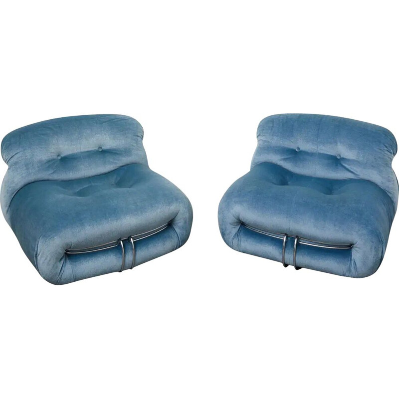 Pair of vintage "Soriana" armchairs in sky blue velvet by Afra & Tobia Scarpa for Cassina, 1970