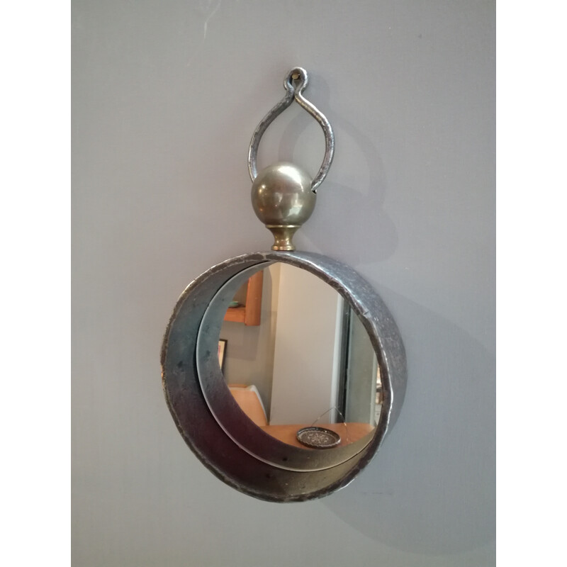 Circular mirror in glass and steel - 1980s