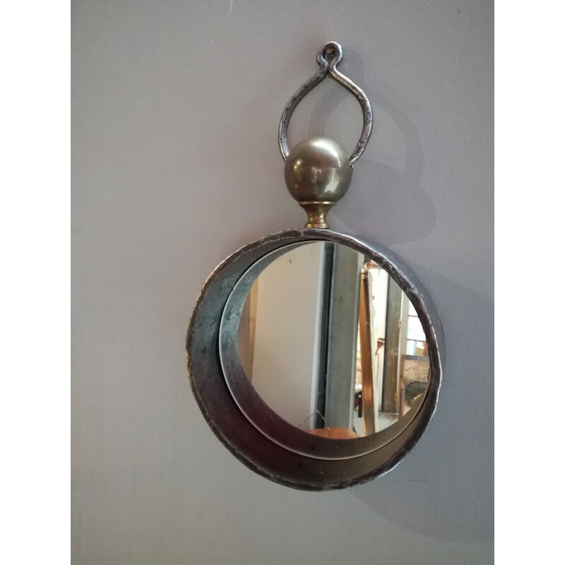 Circular mirror in glass and steel - 1980s