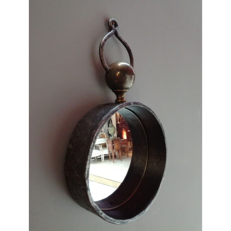 Miroir circulaire en acier et verre - 1980