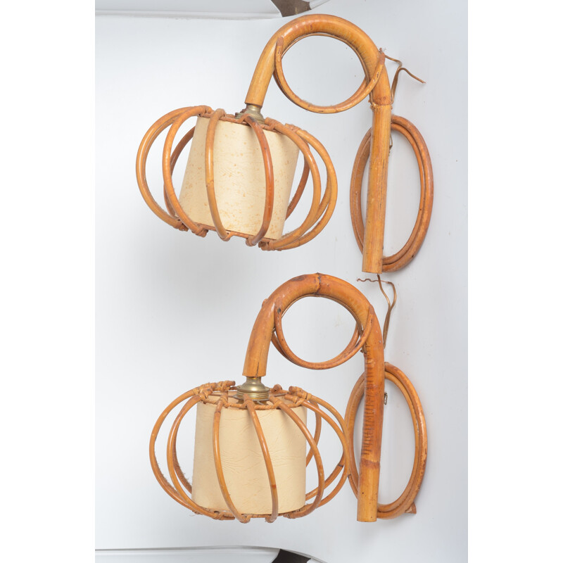 Pair of vintage wall lamps in rattan by Louis Sognot, 1950s