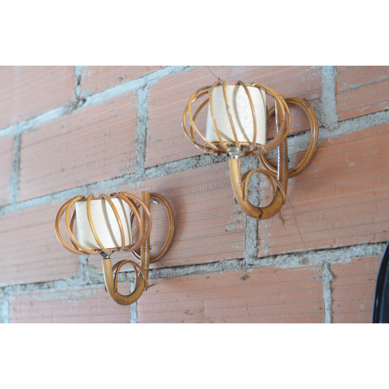 Pair of vintage wall lamps in rattan by Louis Sognot, 1950s