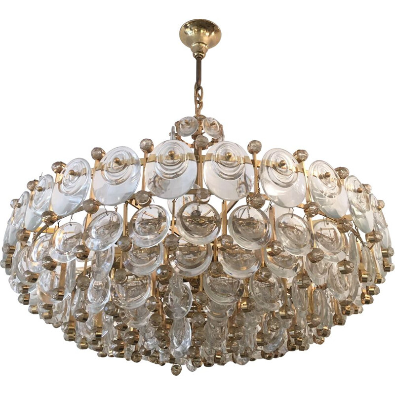 Vintage crystal and brass chandelier by Gaetano Sciolari, 1970