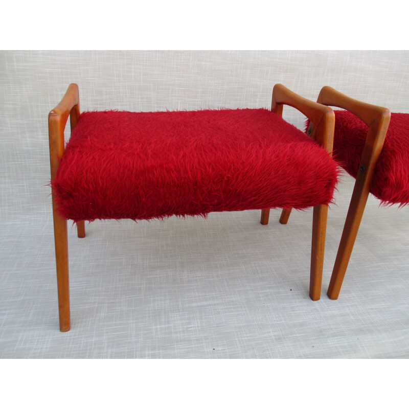 Pair of vintage poufs in red solid beech, Sweden 1950