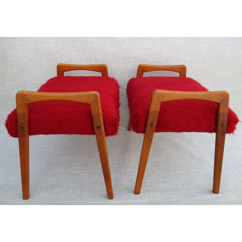 Pair of vintage poufs in red solid beech, Sweden 1950