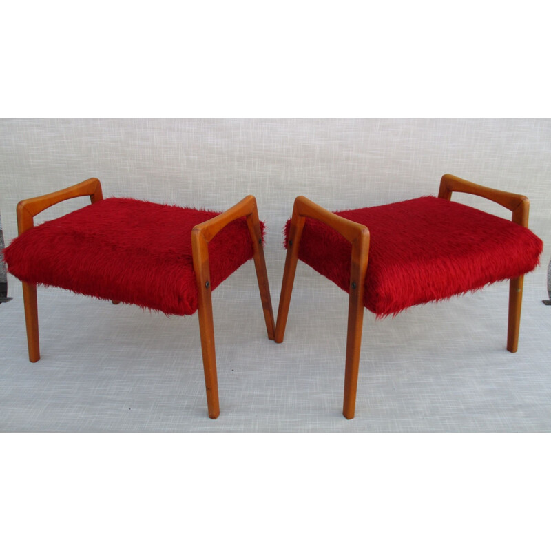 Pair of vintage poufs in red solid beech, Sweden 1950