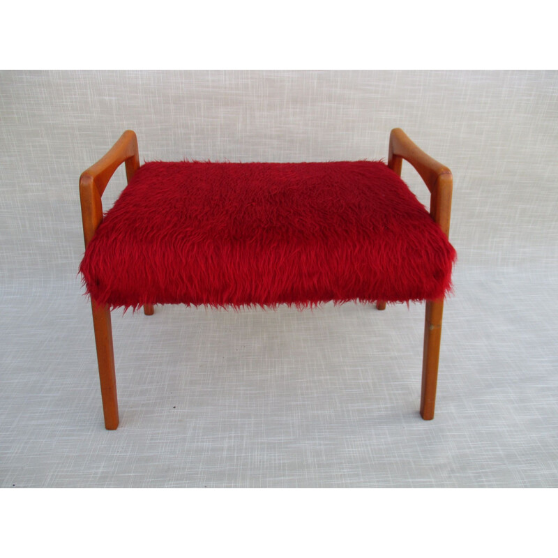 Pair of vintage poufs in red solid beech, Sweden 1950