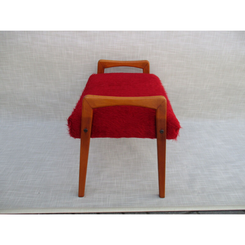 Pair of vintage poufs in red solid beech, Sweden 1950