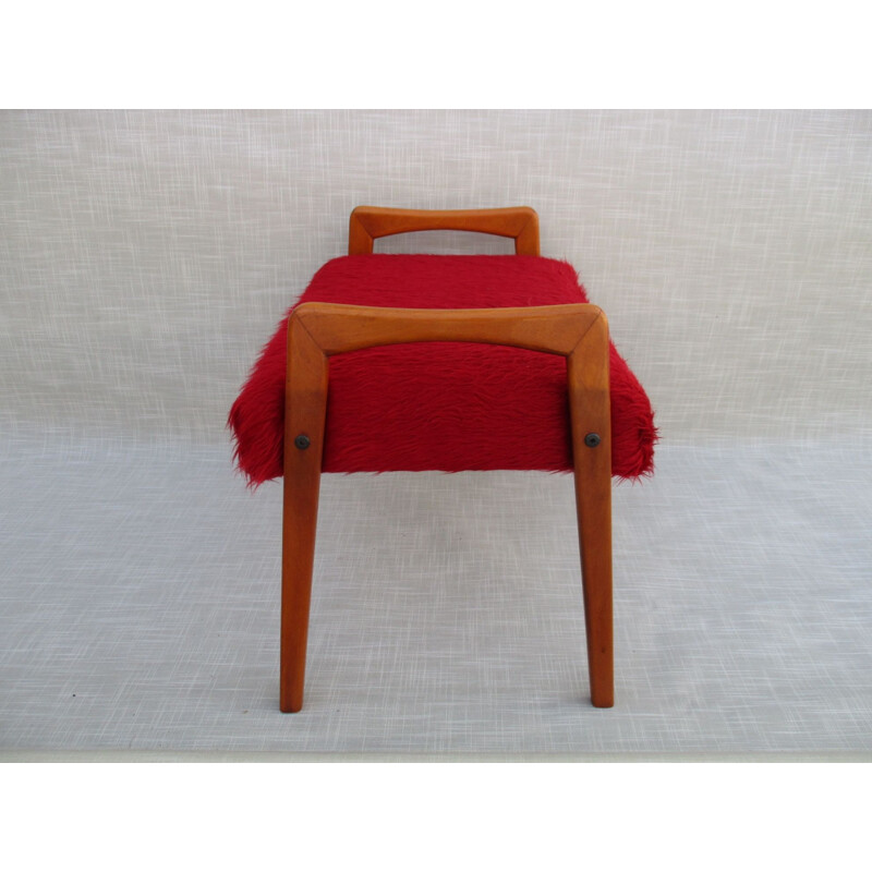 Pair of vintage poufs in red solid beech, Sweden 1950