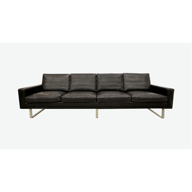 4-seater sofa in black leather and metal - 1960s