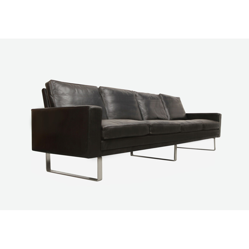 4-seater sofa in black leather and metal - 1960s