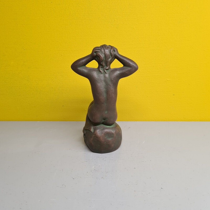 Figurine de sirène vintage en céramique gris brun par L. Hjorth et W.P.L, Danemark 1952