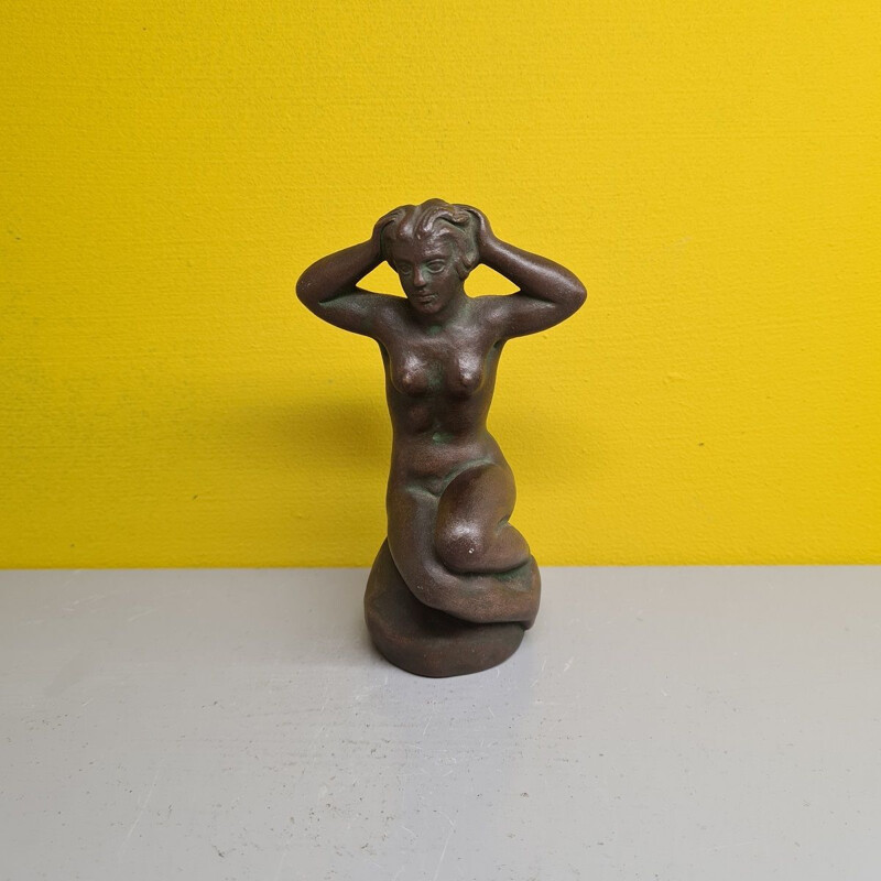 Statuetta di sirena d'epoca in ceramica grigio-marrone di L. Hjorth e W.P.L, Danimarca 1952