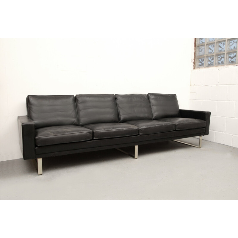 4-seater sofa in black leather and metal - 1960s