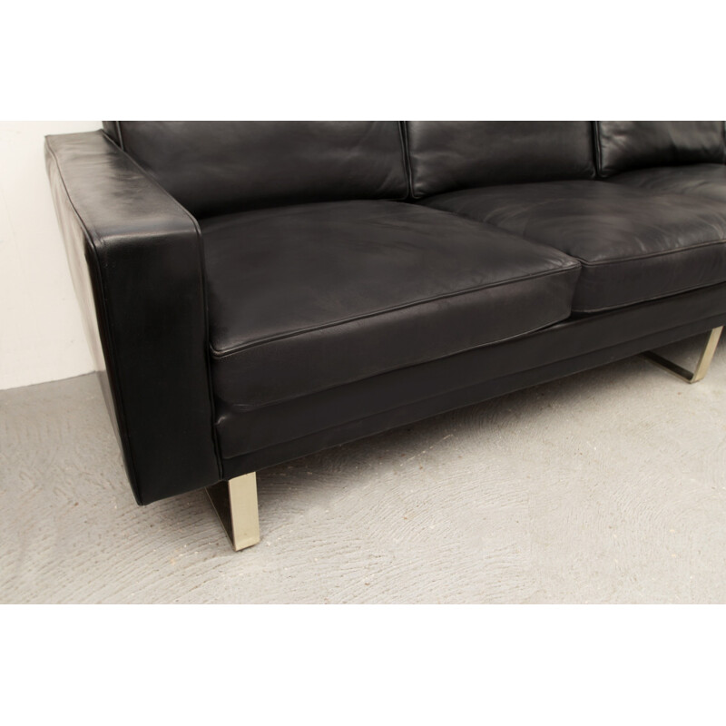 4-seater sofa in black leather and metal - 1960s