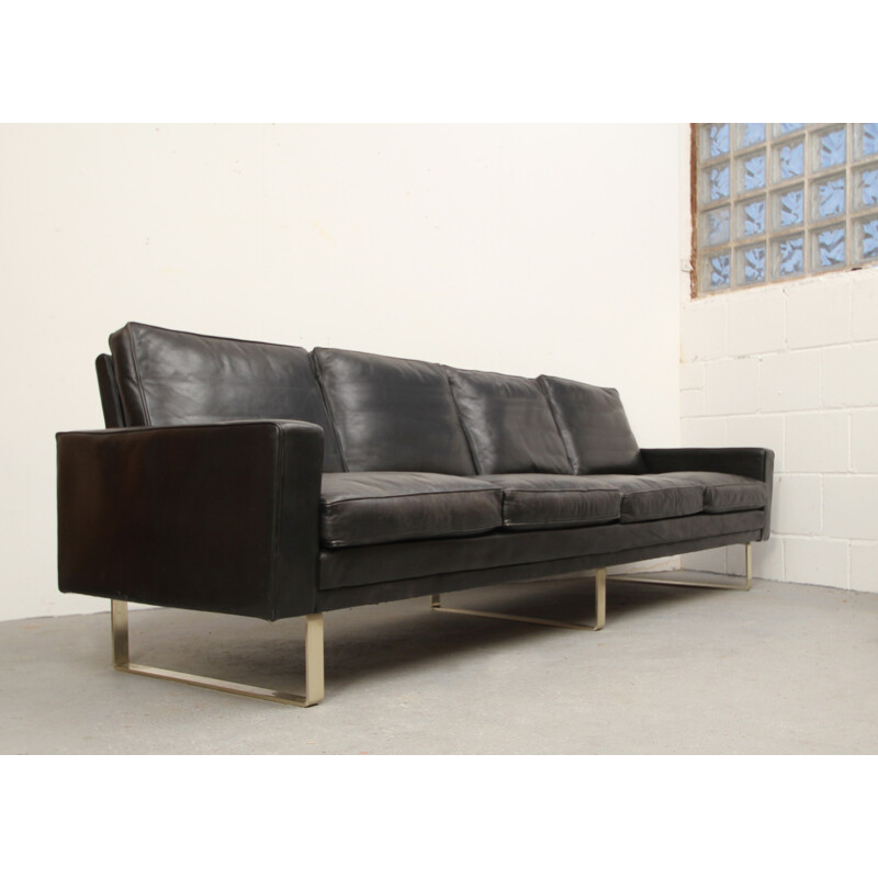 4-seater sofa in black leather and metal - 1960s