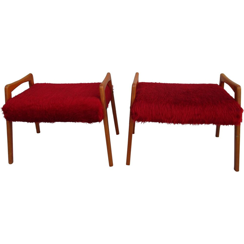 Pair of vintage poufs in red solid beech, Sweden 1950