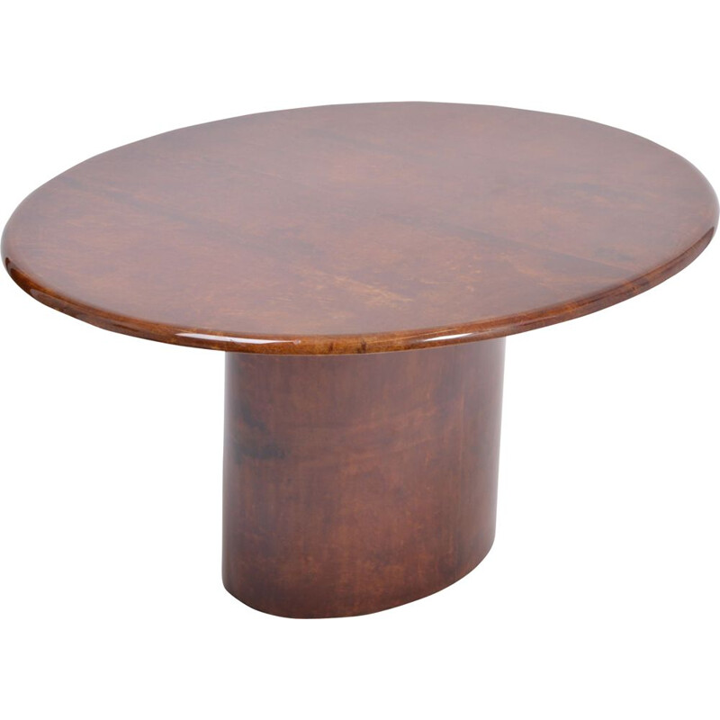 Vintage eliptic Italian dining table in brown lacquered goatskin by Aldo Tura