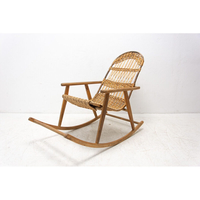 Mid century wicker rocking chair, Czechoslovakia 1960s