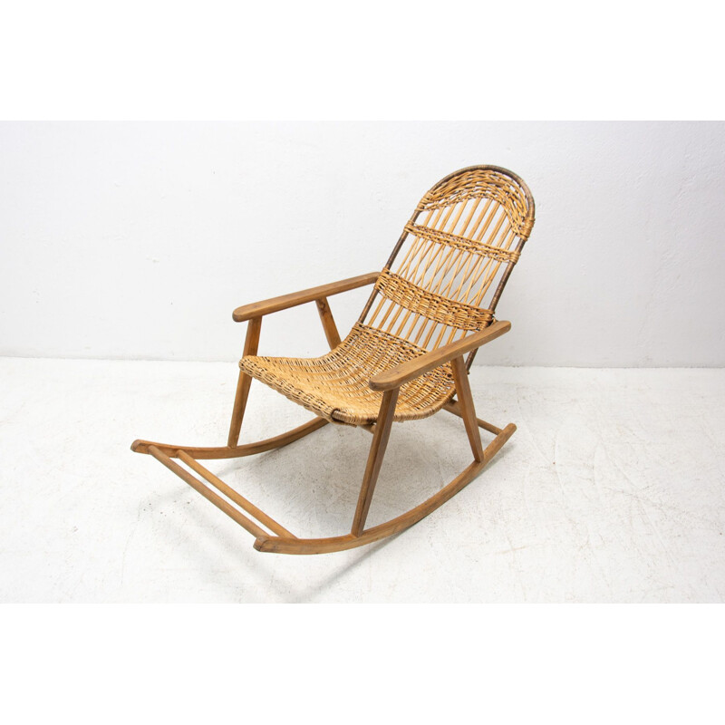 Mid century wicker rocking chair, Czechoslovakia 1960s