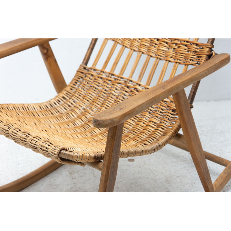 Mid century wicker rocking chair, Czechoslovakia 1960s