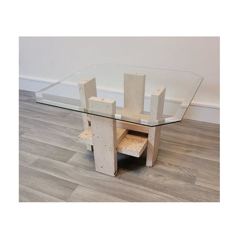 Vintage travertine and glass coffee table by Willy Boulez, 1970