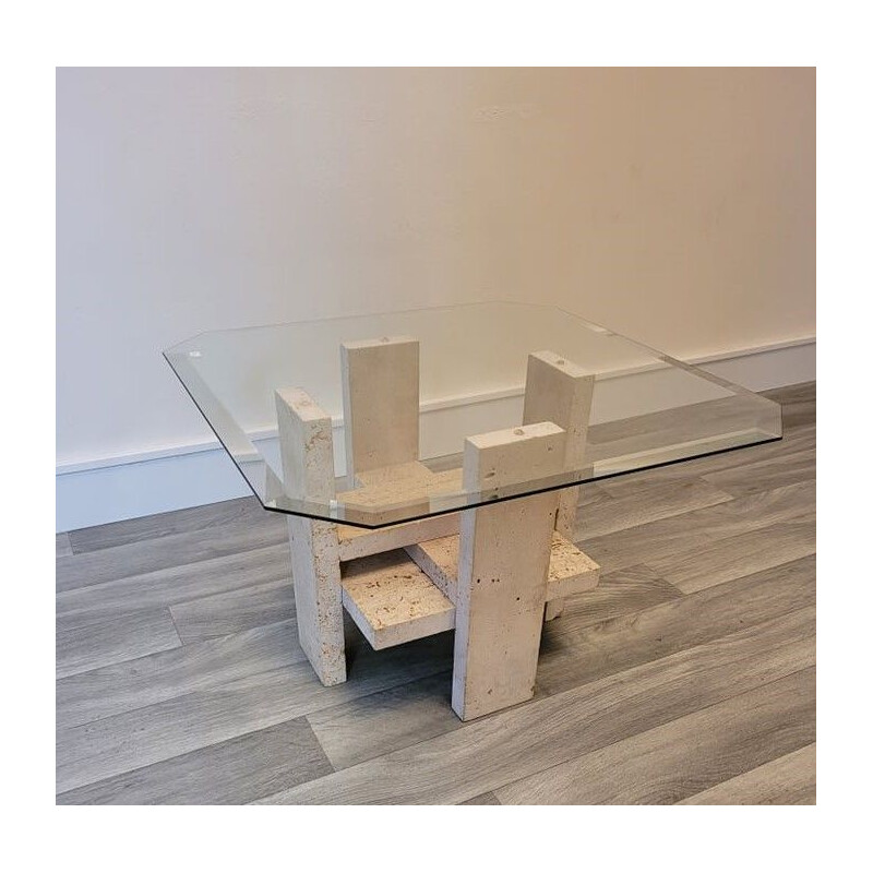 Vintage travertine and glass coffee table by Willy Boulez, 1970