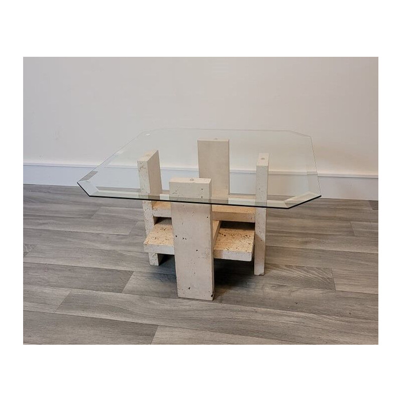 Vintage travertine and glass coffee table by Willy Boulez, 1970