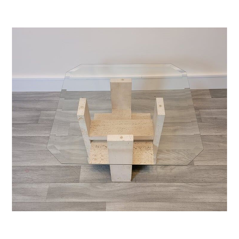 Vintage travertine and glass coffee table by Willy Boulez, 1970