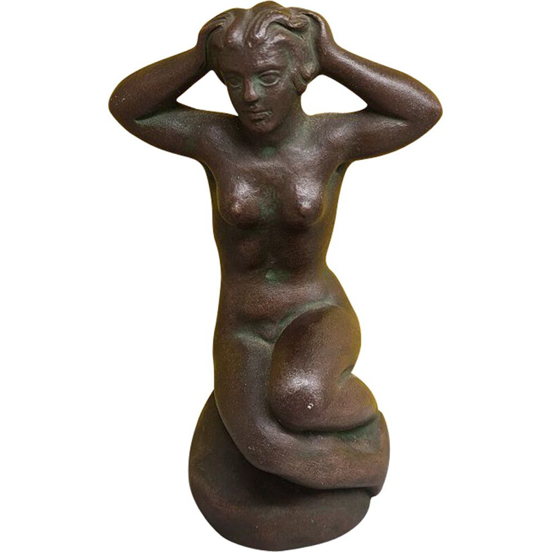 Figurine de sirène vintage en céramique gris brun par L. Hjorth et W.P.L, Danemark 1952