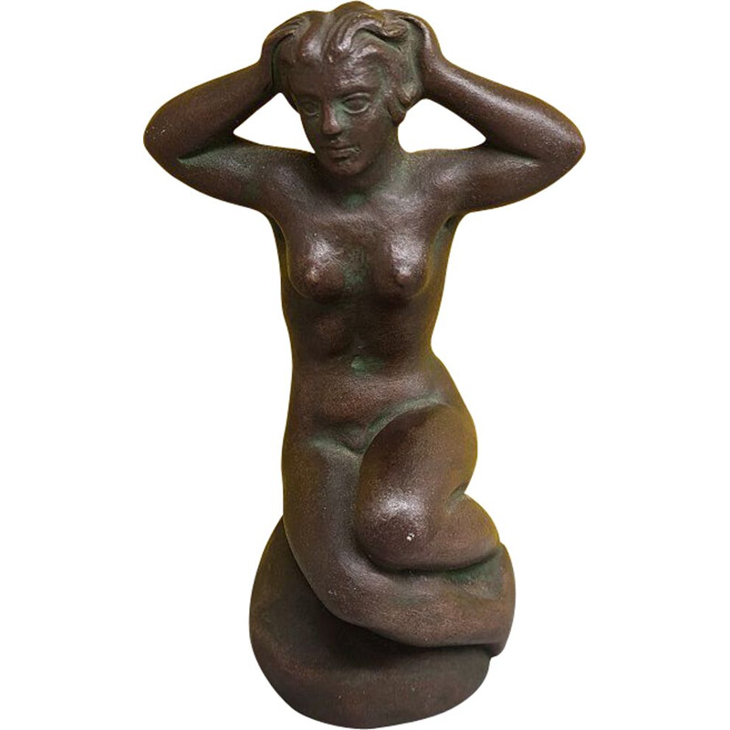 Statuetta di sirena d'epoca in ceramica grigio-marrone di L. Hjorth e W.P.L, Danimarca 1952