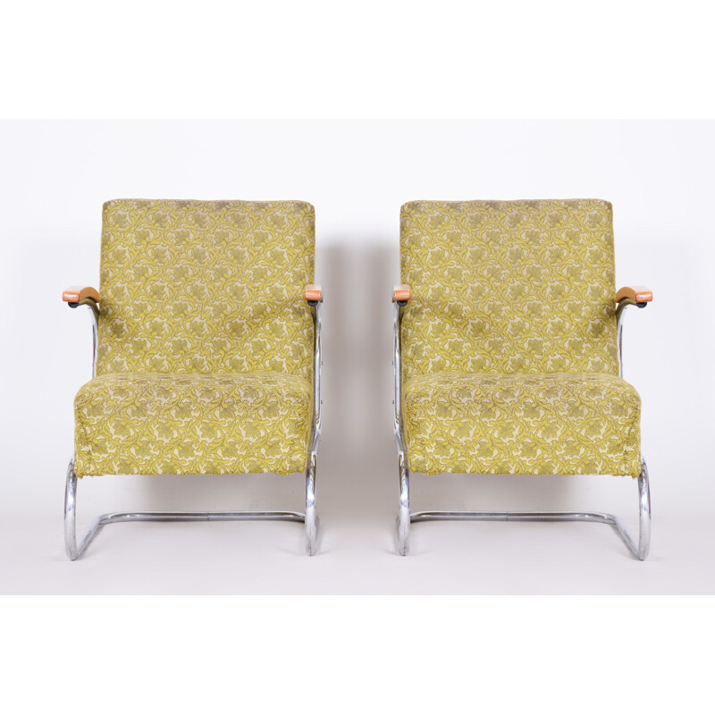 Pair of vintage green beech and chrome steel armchairs by Mucke Melder, 1930