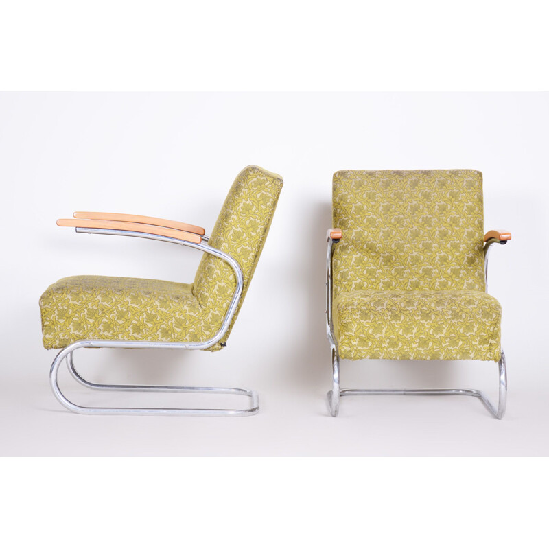 Pair of vintage green beech and chrome steel armchairs by Mucke Melder, 1930