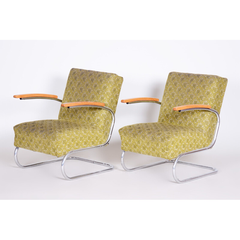 Pair of vintage green beech and chrome steel armchairs by Mucke Melder, 1930