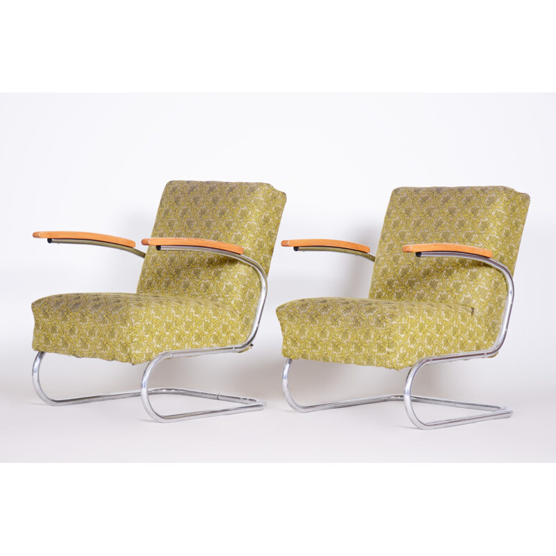 Pair of vintage green beech and chrome steel armchairs by Mucke Melder, 1930