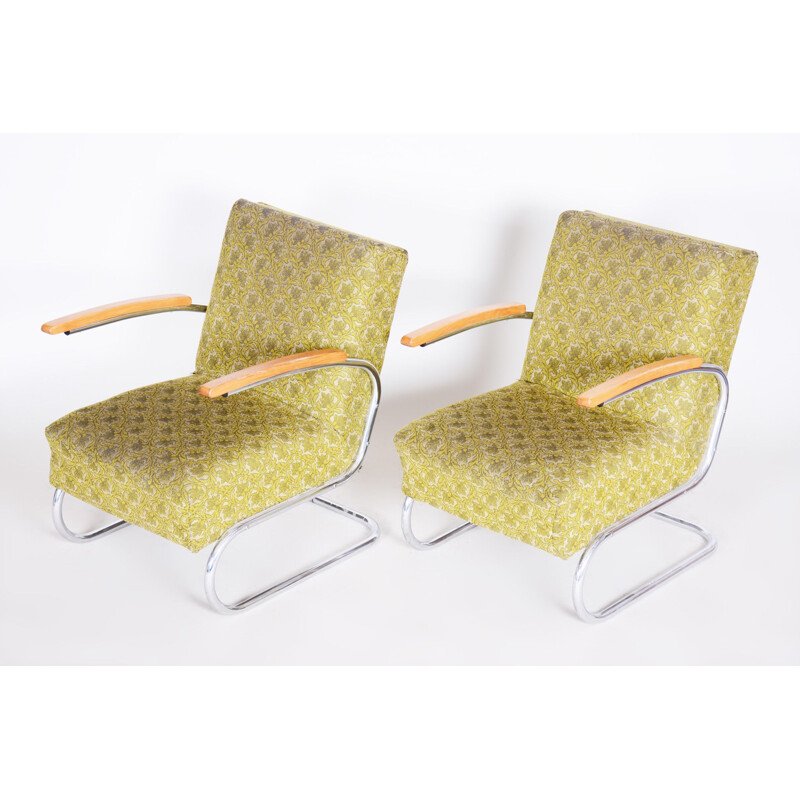 Pair of vintage green beech and chrome steel armchairs by Mucke Melder, 1930