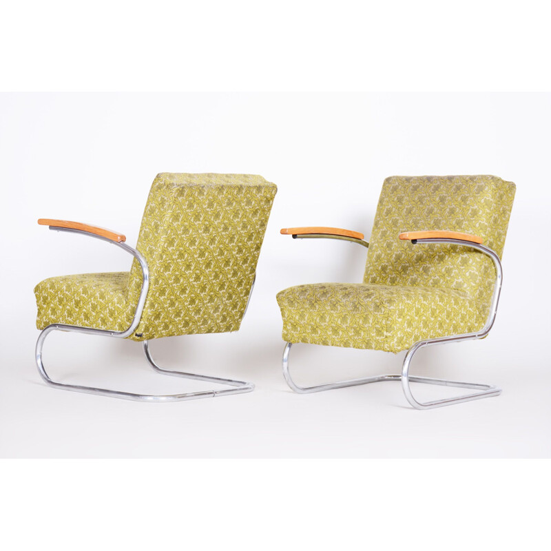 Pair of vintage green beech and chrome steel armchairs by Mucke Melder, 1930