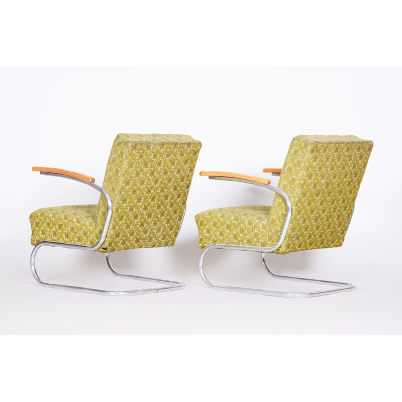 Pair of vintage green beech and chrome steel armchairs by Mucke Melder, 1930