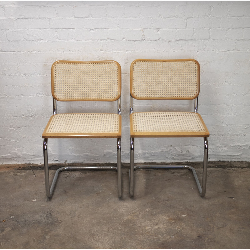 Set of 4 vintage cane and chrome cantilever Italian dining chairs, 1990s