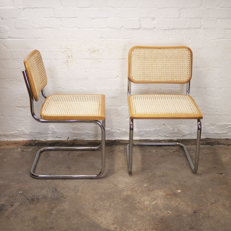 Set of 4 vintage cane and chrome cantilever Italian dining chairs, 1990s