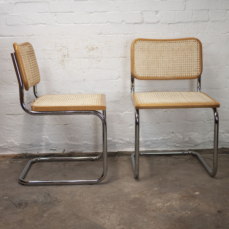 Conjunto de 4 cadeiras de cantilever italianas vintage em rattan e cromadas, 1990